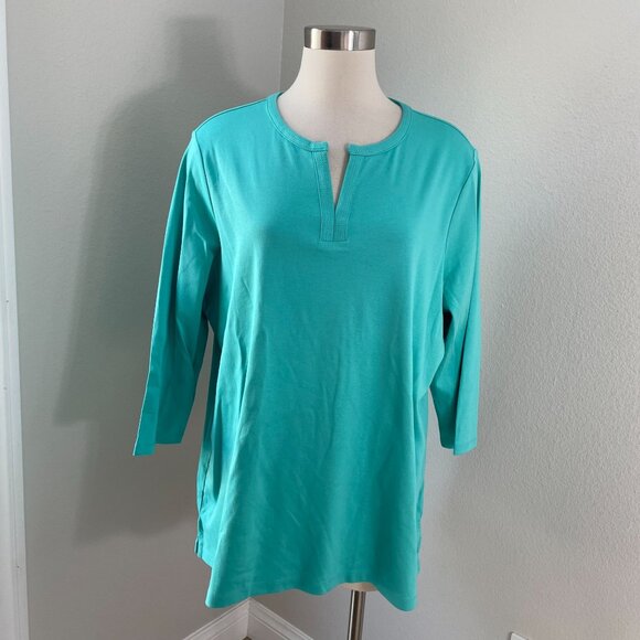 LL Bean Womens Plus 2X Green Cotton Tunic Top 3/4 Sleeve Split V Neck Shirt - Picture 1 of 9